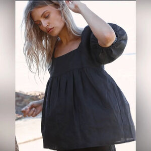 DISSH 100% Linen Black Hali Sleeved Top, Size 6